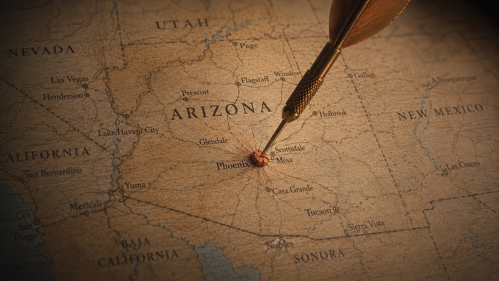 Vintage map of Arizona with a dart landing on Phoenix